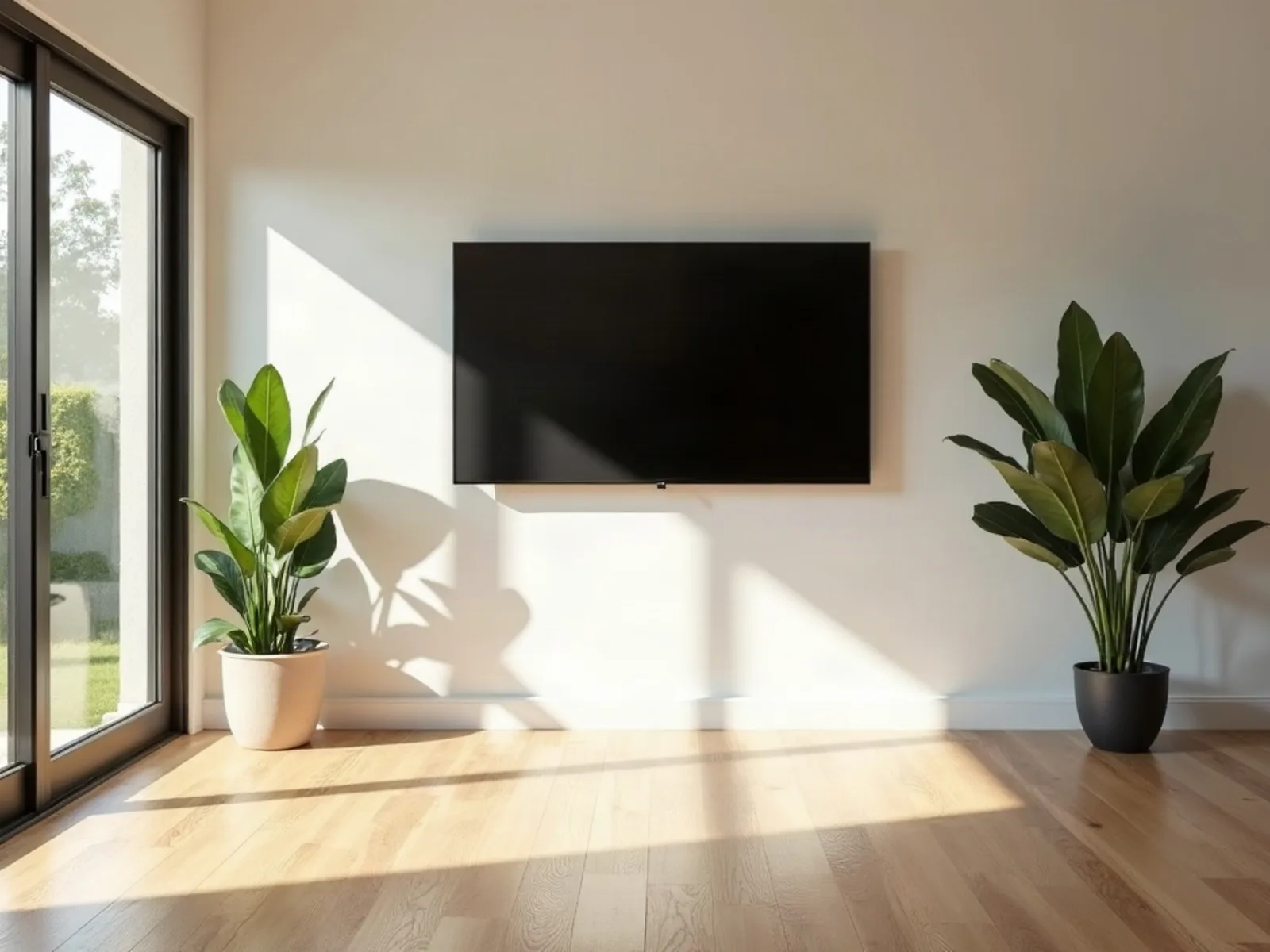 Sunlit living room corner with a TV mounted flush to the wall and no visible cables